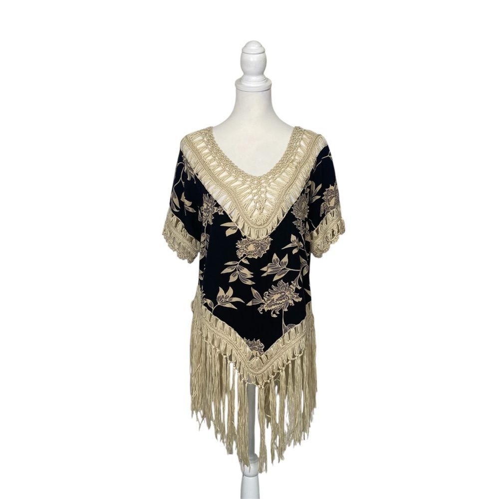 Arianna by Howards One Size Boho Fringe Crochet Poncho Top Navy Floral Festival